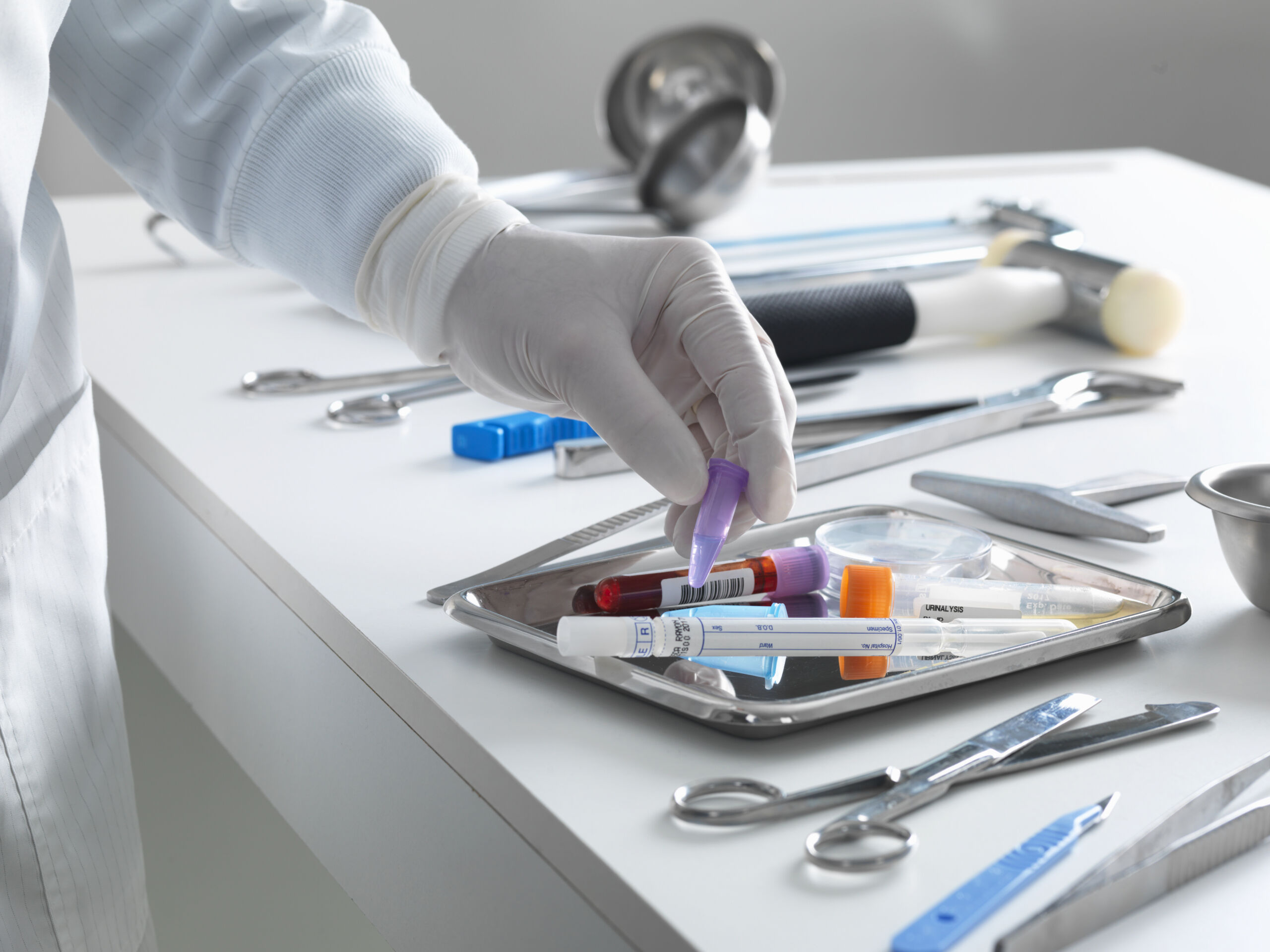 Clinical Medical Assistant preparing blood collection tubes and medical instruments during clinical training.